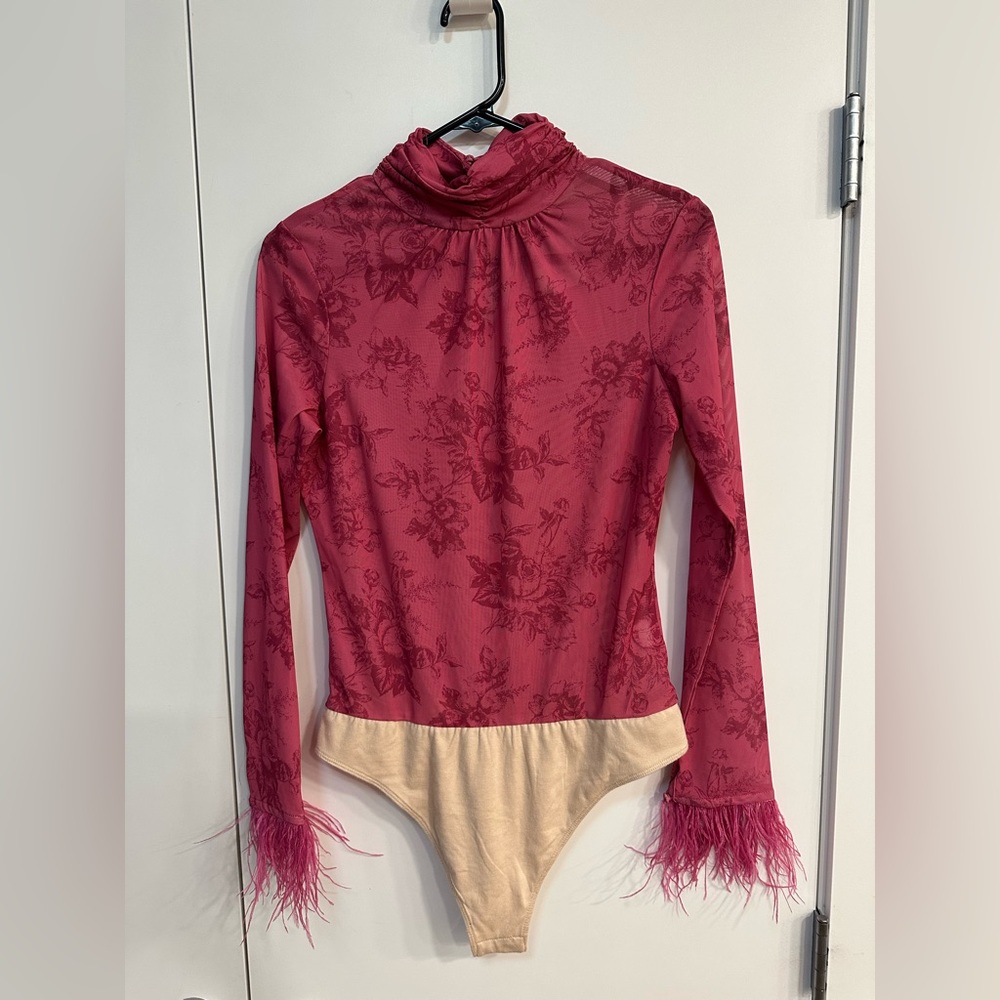 WAYF Floral Long Sleeve Bodysuit with Feather Cuffs